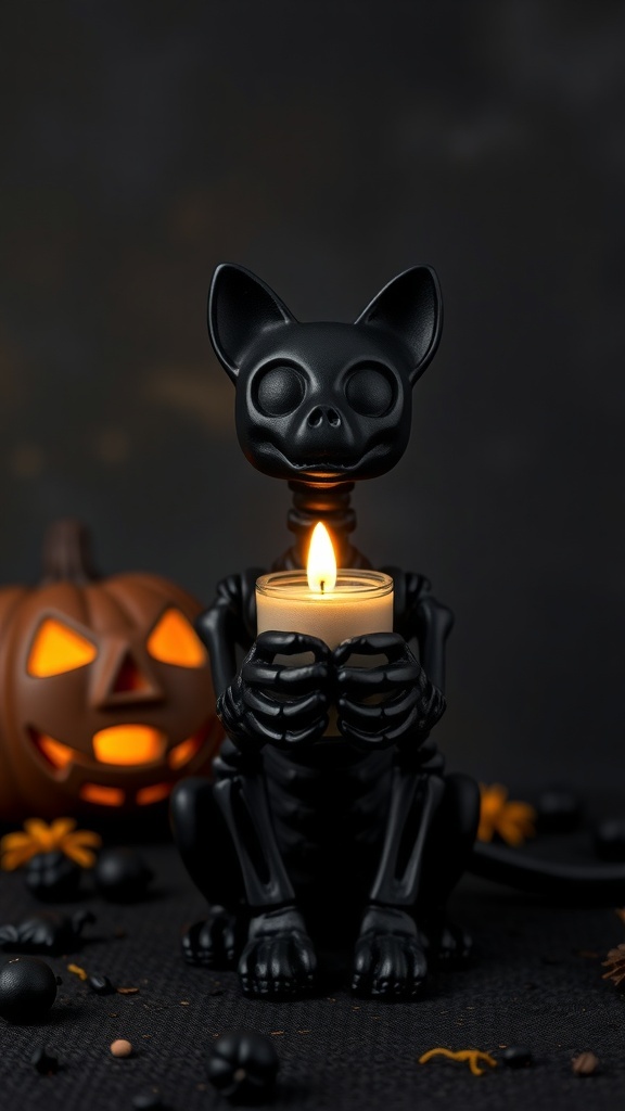 A classic black skeleton cat tealight holder with a glowing LED candle, surrounded by Halloween decorations.