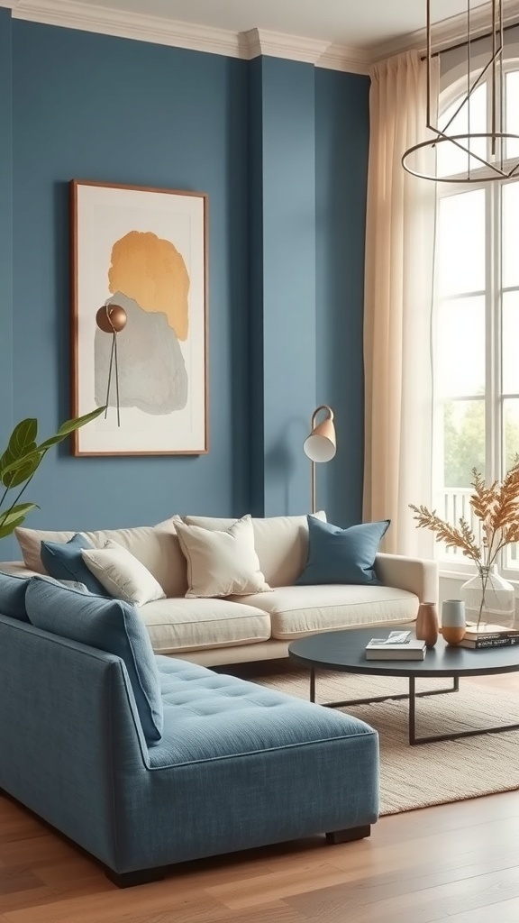 A cozy living room featuring classic blue walls, a beige sofa, and warm neutral accents.
