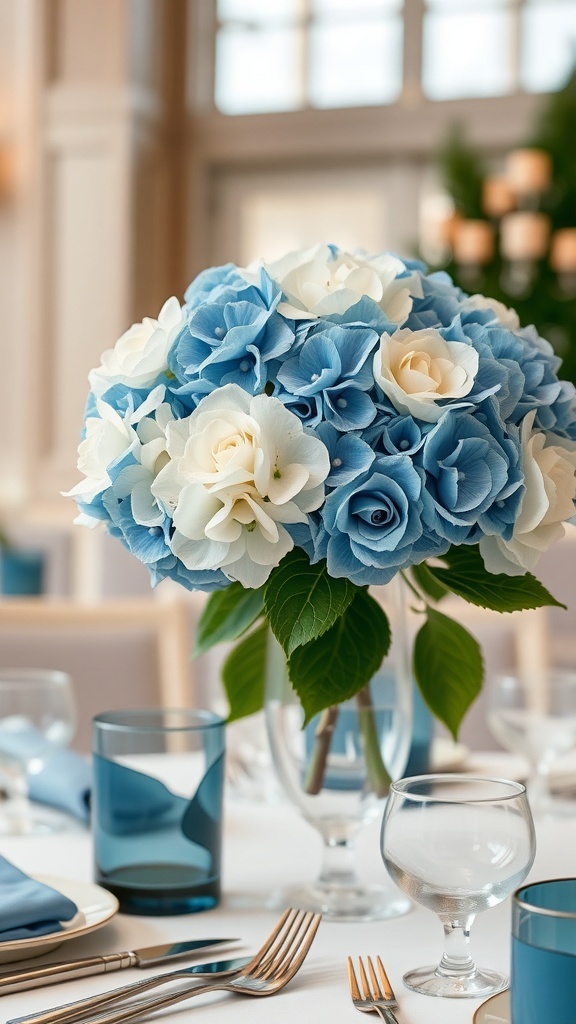 A beautiful centerpiece featuring blue and white hydrangeas in a clear vase on a dining table.