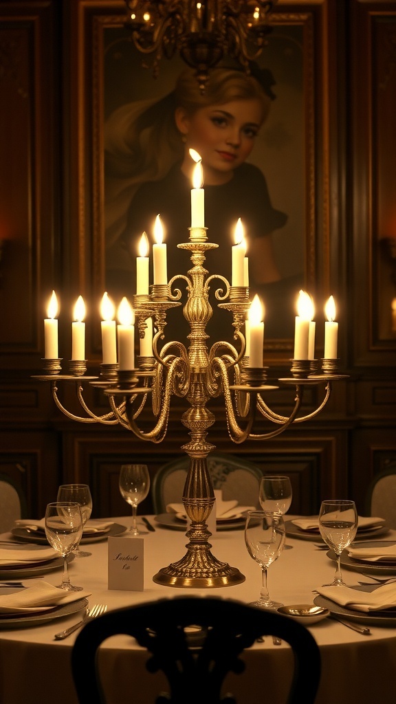 A classic candelabra centerpiece with multiple candles on a beautifully set table.