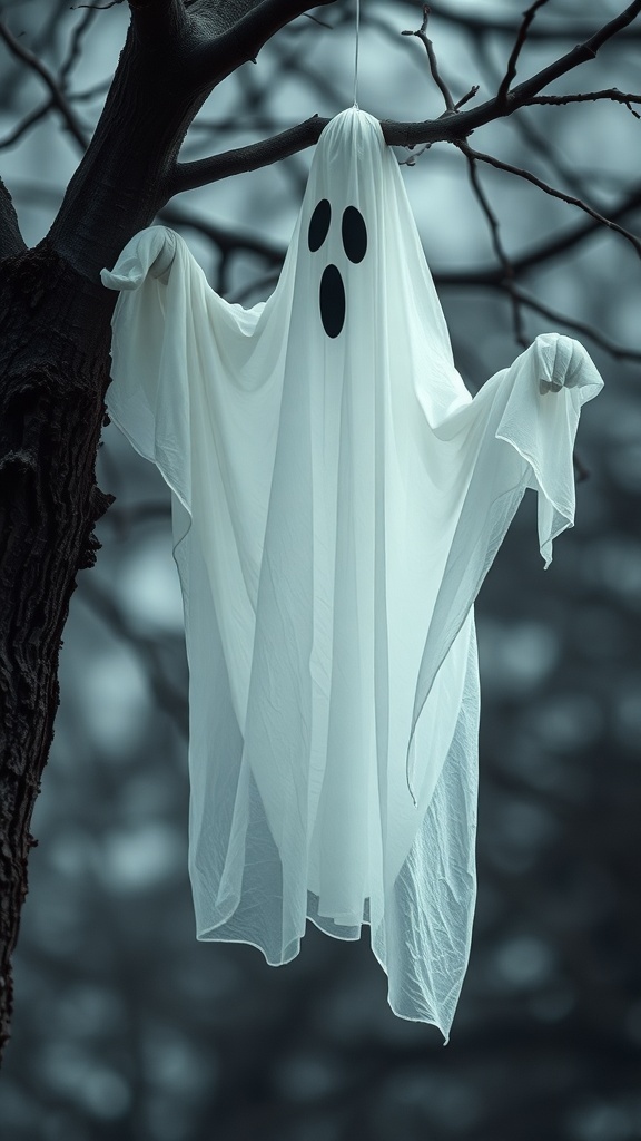 A classic cheesecloth ghost hanging from a tree branch, with a spooky atmosphere.