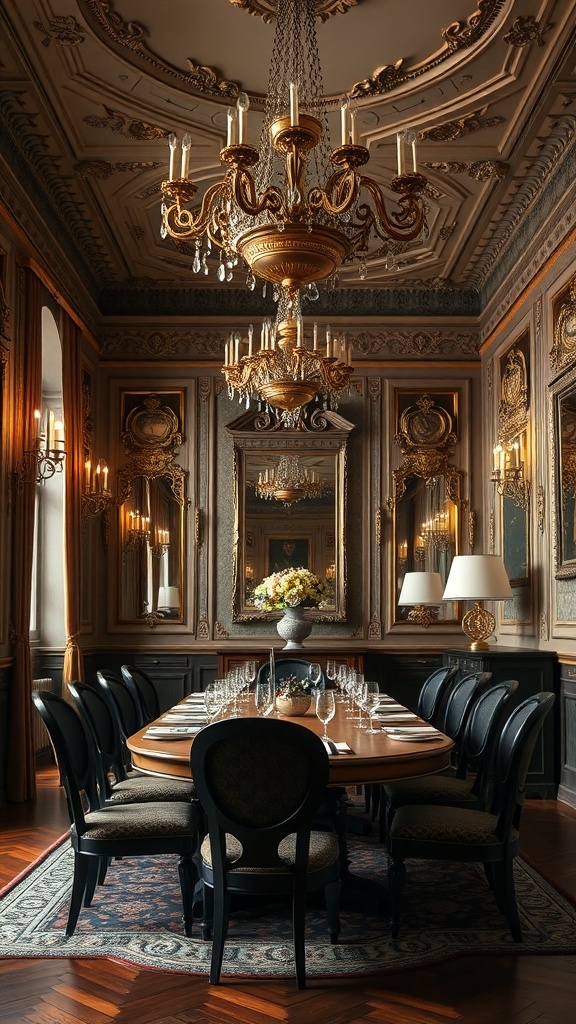A luxurious dining room featuring an ornate chandelier, intricate moldings, dark wood accents, and a beautifully set table.