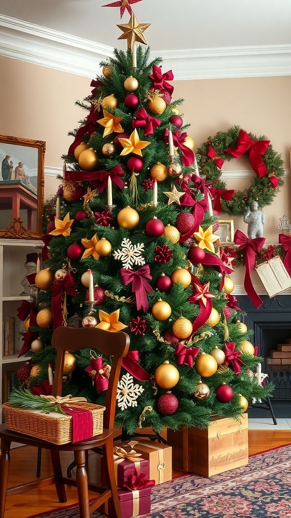 A beautifully decorated Christmas tree with gold and burgundy ornaments, surrounded by gifts and a wooden chair.