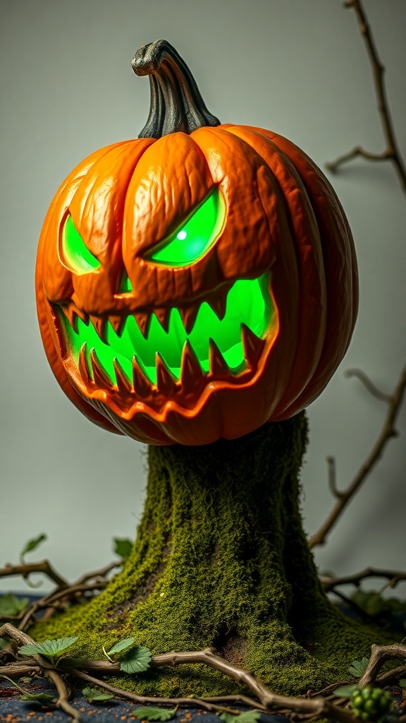 A carved pumpkin head with grotesque teeth and glowing green LED lights, set on a mossy stand.