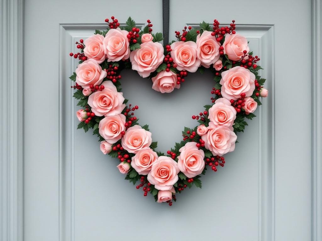 A heart-shaped wreath made of pink roses and red berries on a door.