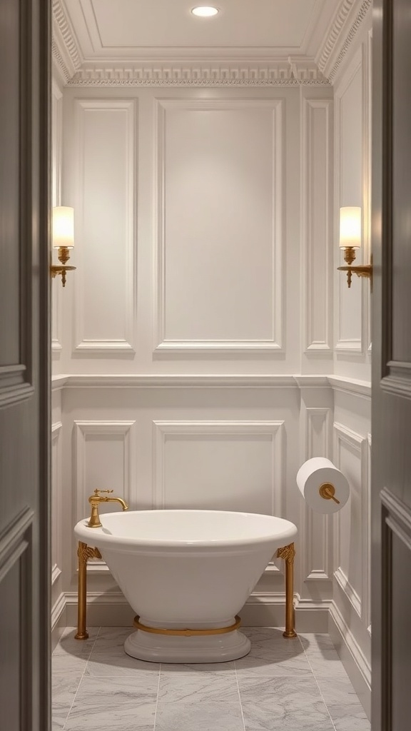 A beautifully designed bathroom featuring classic white millwork, a vintage bathtub with gold fixtures, and elegant lighting.