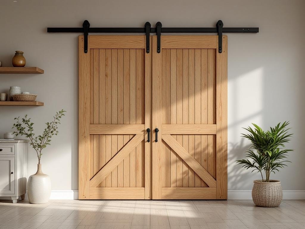 A sliding barn door in classic natural oak stain with black hardware, set in a modern interior.
