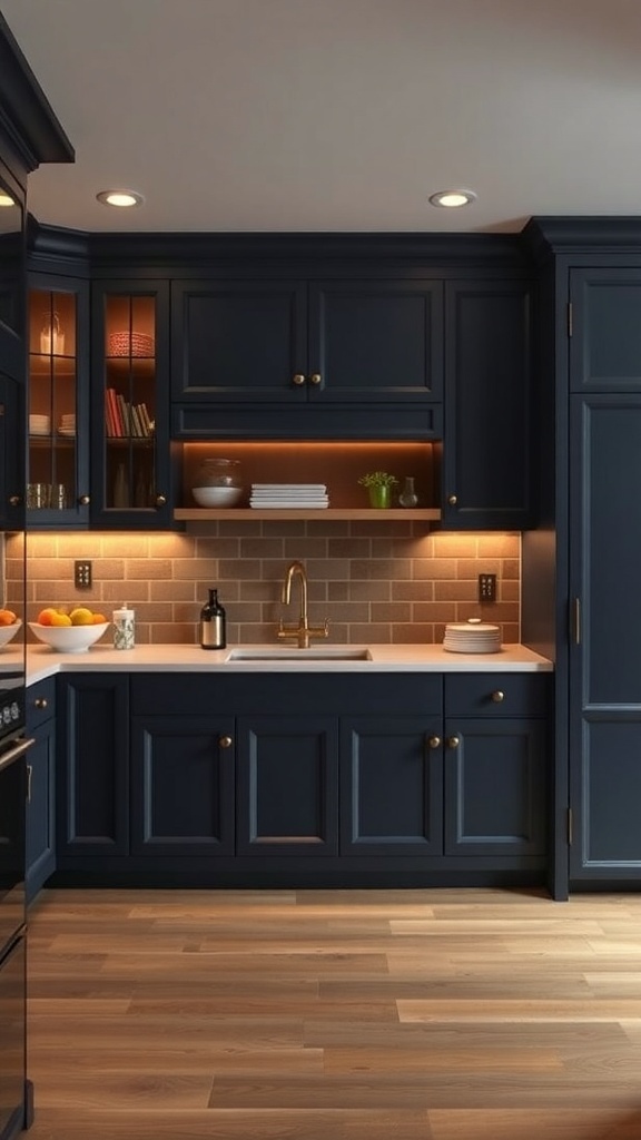A modern kitchen featuring classic navy built-in cabinets with warm lighting and a light countertop.