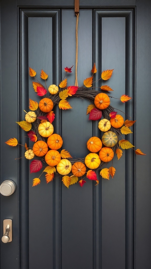 A classic pumpkin door wreath featuring mini pumpkins and autumn leaves on a dark door.