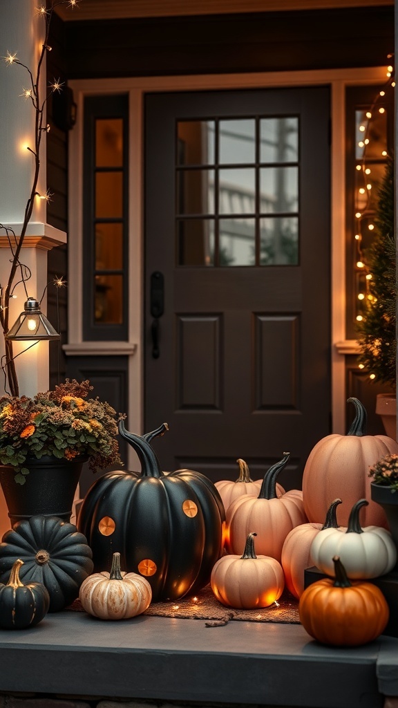 A stylish Halloween porch display featuring matte black and dusty pink pumpkins illuminated with fairy lights.