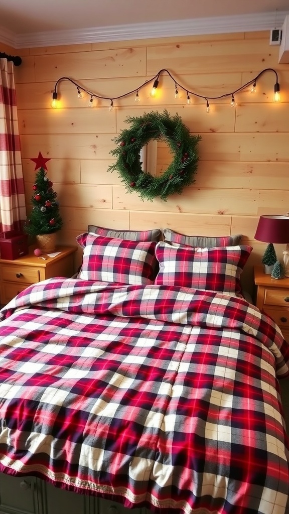 Cozy bedroom with classic red and green plaid bedding, wooden walls, and festive decorations.