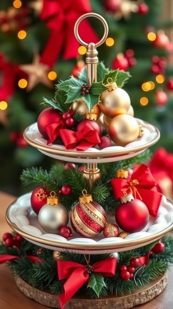 A tiered tray decorated with red and gold ornaments, holly, and red bows, set against a blurred background of Christmas lights.