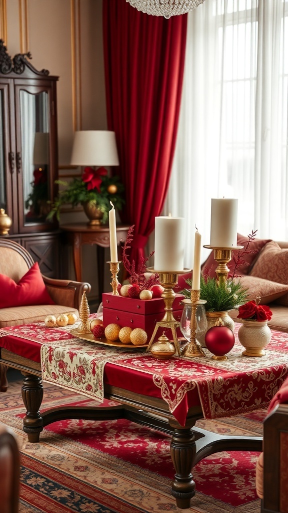A coffee table decorated with a red tablecloth, gold candles, and festive ornaments.
