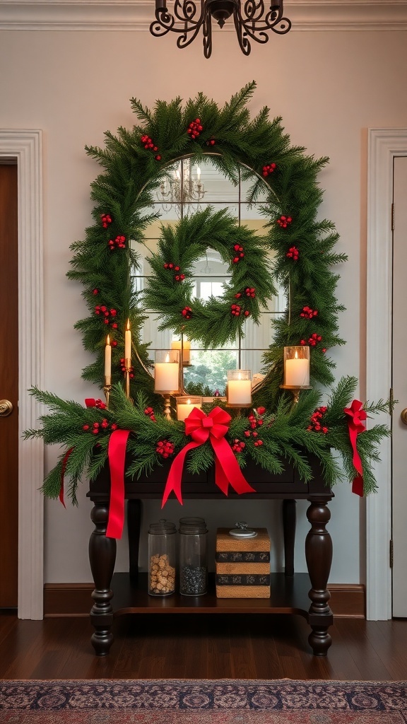 A beautifully decorated entryway table featuring a mirror framed with a green wreath, red berries, and candles, creating a classic Christmas look.