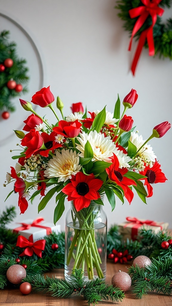 A vibrant floral arrangement featuring red roses, tulips, and white daisies in a glass vase, surrounded by a green garland and holiday decorations.