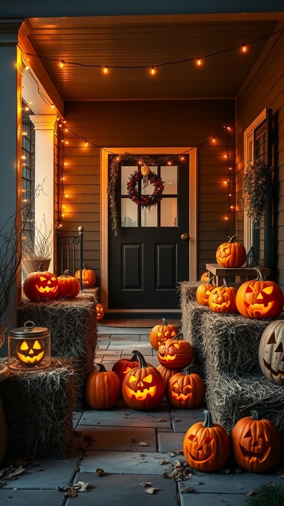 A Halloween porch decorated with string lights, carved pumpkins on hay bales, and a cozy atmosphere.