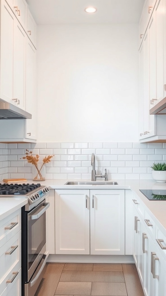 A bright kitchen featuring a classic subway tile backsplash with white cabinetry and modern fixtures.