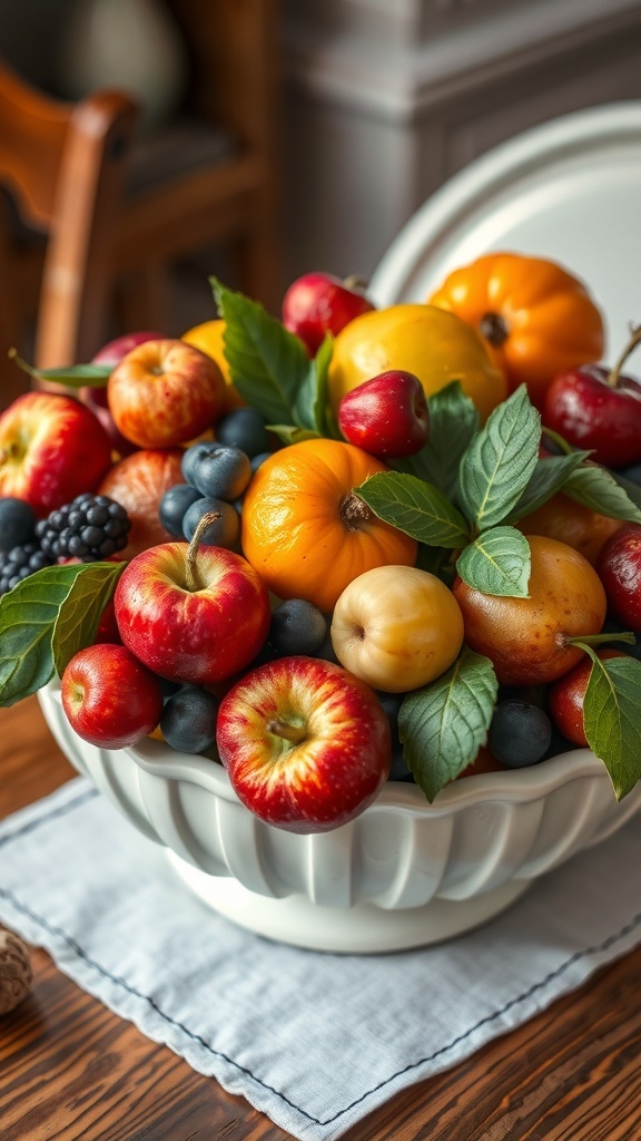 A classic white bowl filled with colorful seasonal fruits including apples, berries, and pears, placed on a wooden dining table.