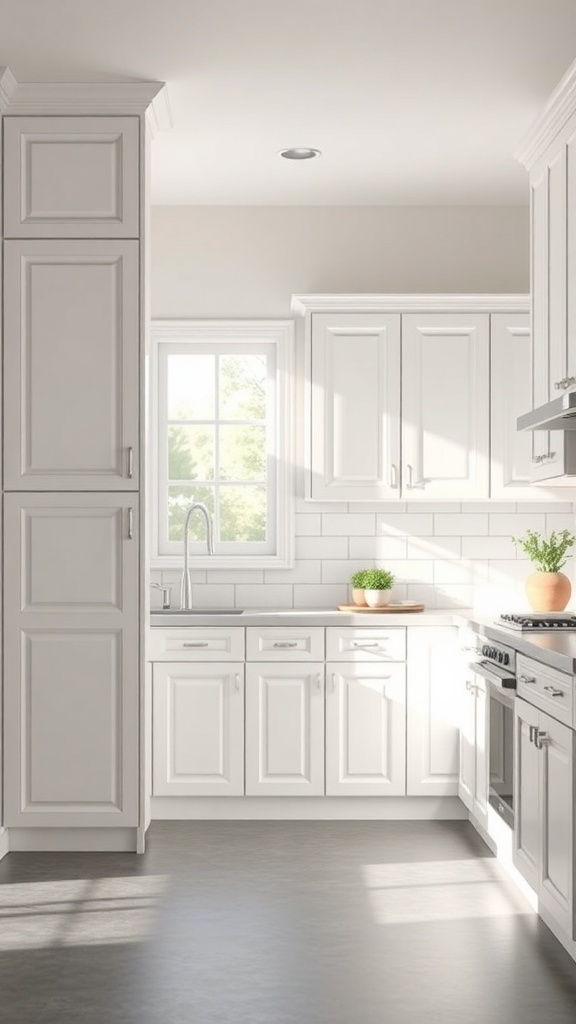 A modern kitchen featuring classic white cabinets and gray flooring, with natural light illuminating the space.