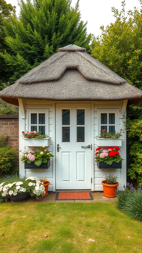 A classic white cottage shed with a thatched roof, flower boxes, and potted plants in a garden setting.