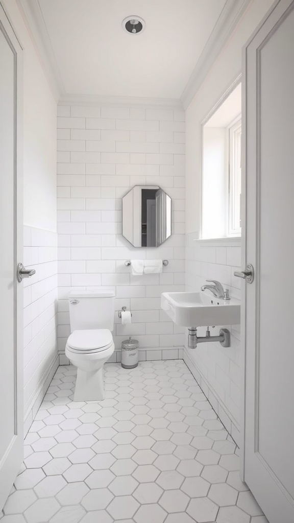 A small bathroom featuring classic white hexagon tile flooring, with white walls and modern fixtures.
