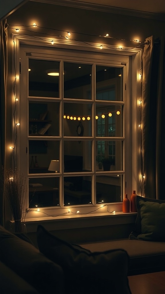 A cozy window outlined with classic white string lights, creating a warm atmosphere indoors.