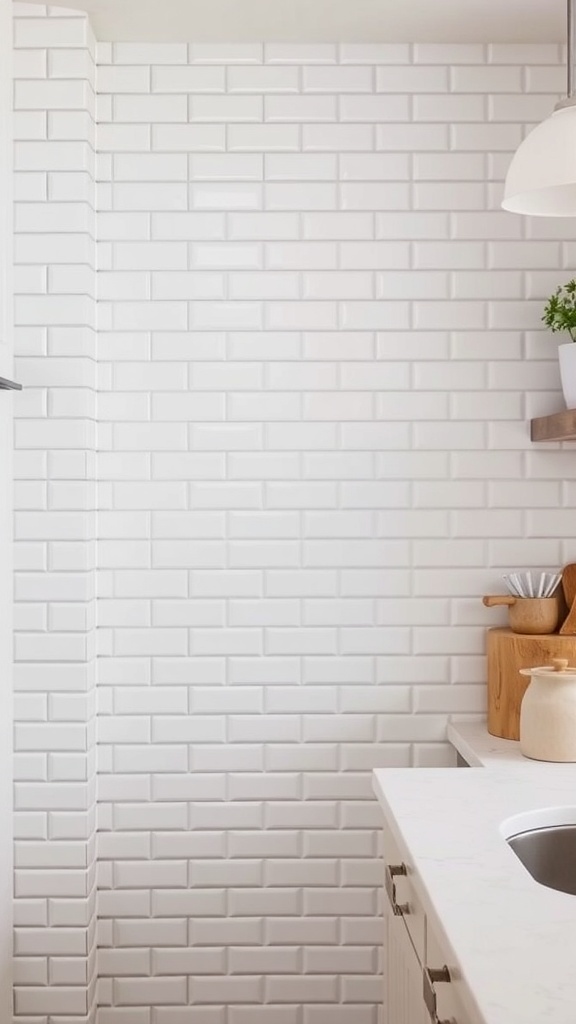 A kitchen backsplash featuring classic white subway tiles arranged in a modern layout, complemented by wooden kitchen accessories.