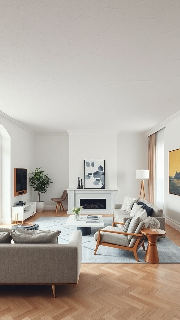 A modern living room with a textured white ceiling, stylish furniture, and light wood flooring.