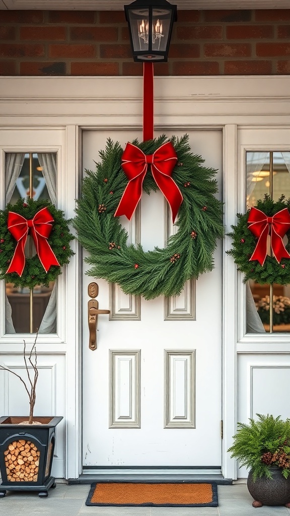 A front door decorated with a large evergreen wreath and two smaller matching wreaths on windows, all adorned with red bows.