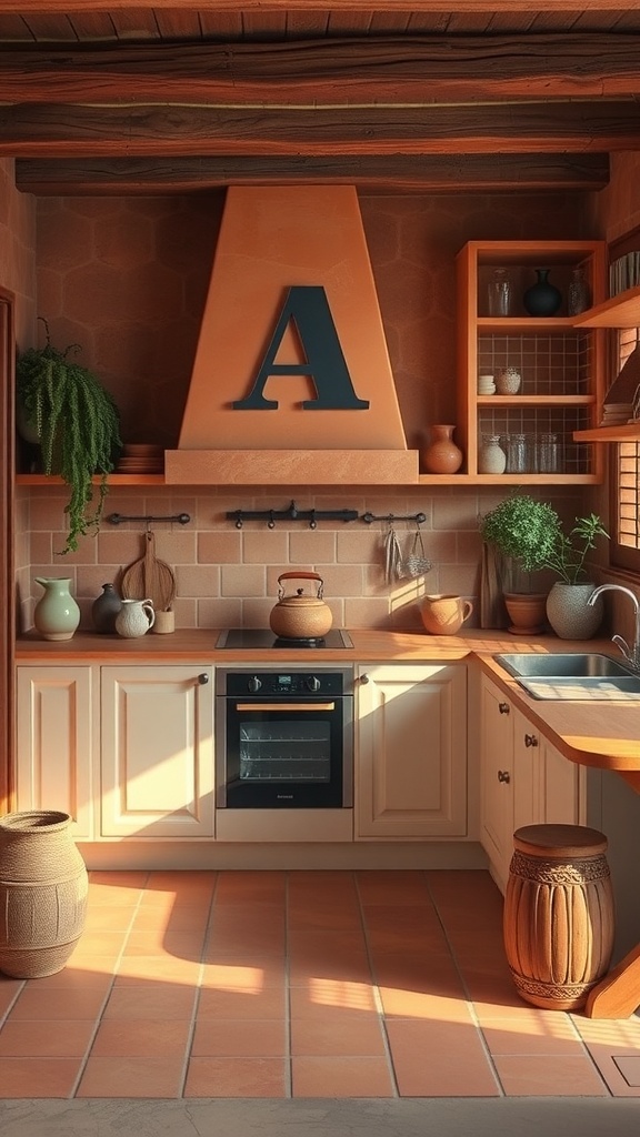 A cozy kitchen with terracotta tiles, wooden accents, and a warm color palette.