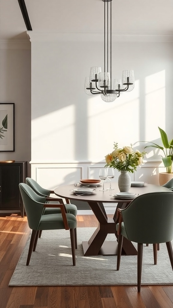 Modern dining room with velvet chairs, marble accent wall, and minimalist pendant lighting.