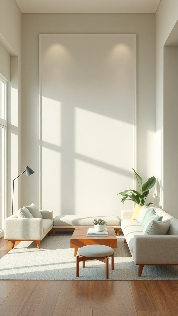 A modern living room featuring clean sage green and off-white decor, with natural wood furniture and ample sunlight.