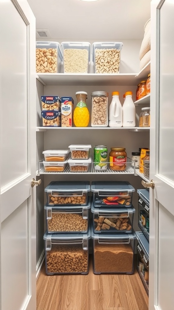 A well-organized pantry with clear acrylic storage bins displaying various food items.