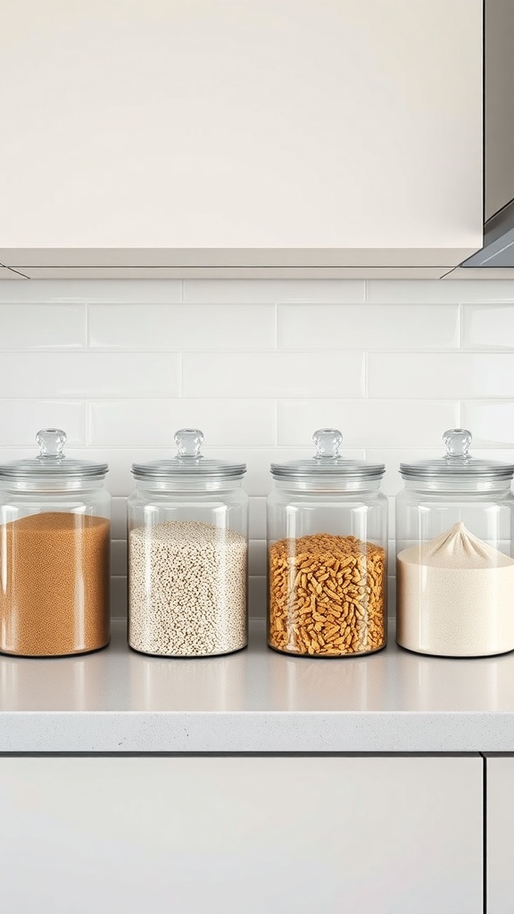 Clear canisters filled with various dry goods on a kitchen counter.