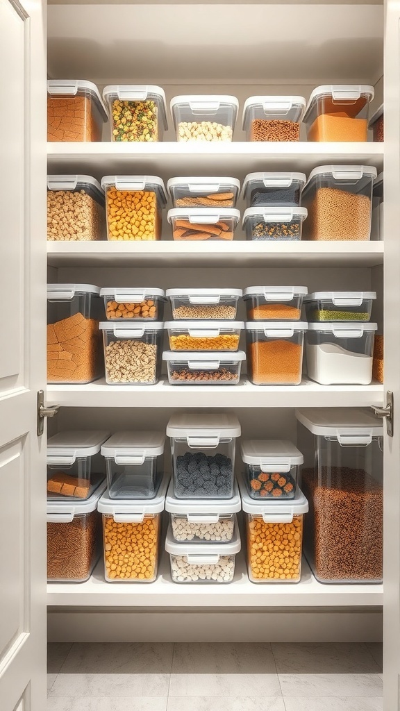 Organized pantry with clear modular containers filled with various dry goods.