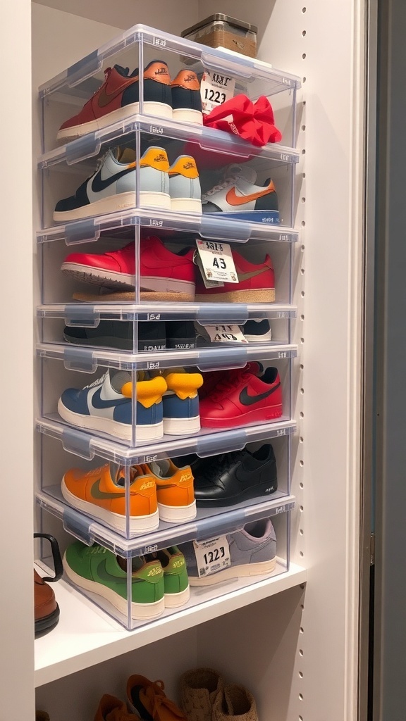 A stack of clear shoe boxes displaying various colorful sneakers in an organized closet.