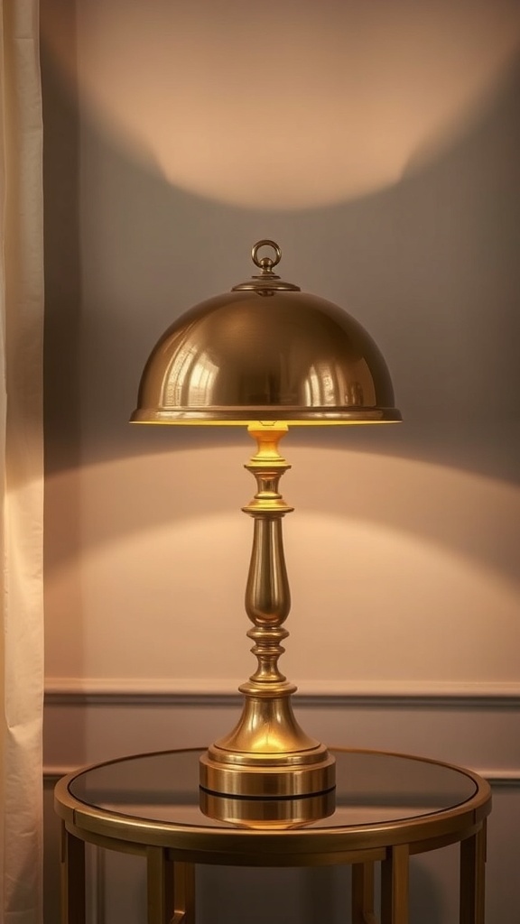 A stylish brass lamp with a dome shade on a glass table.