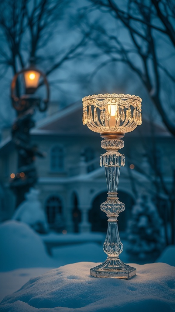 Cleo Crystal Lamp illuminating a snowy outdoor scene