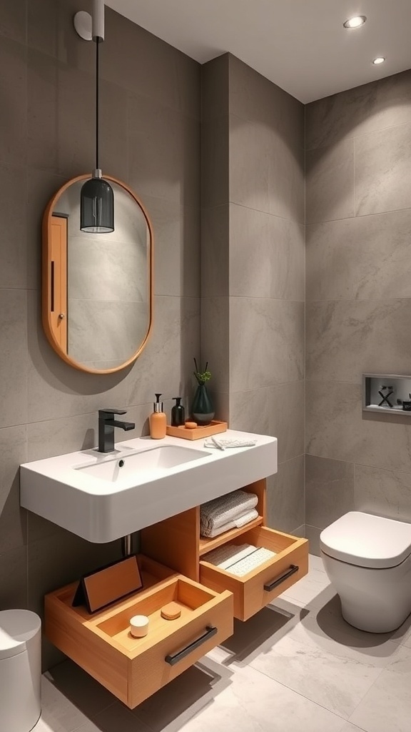 A modern bathroom with a floating vanity featuring hidden storage drawers, a round mirror, and stylish decor.