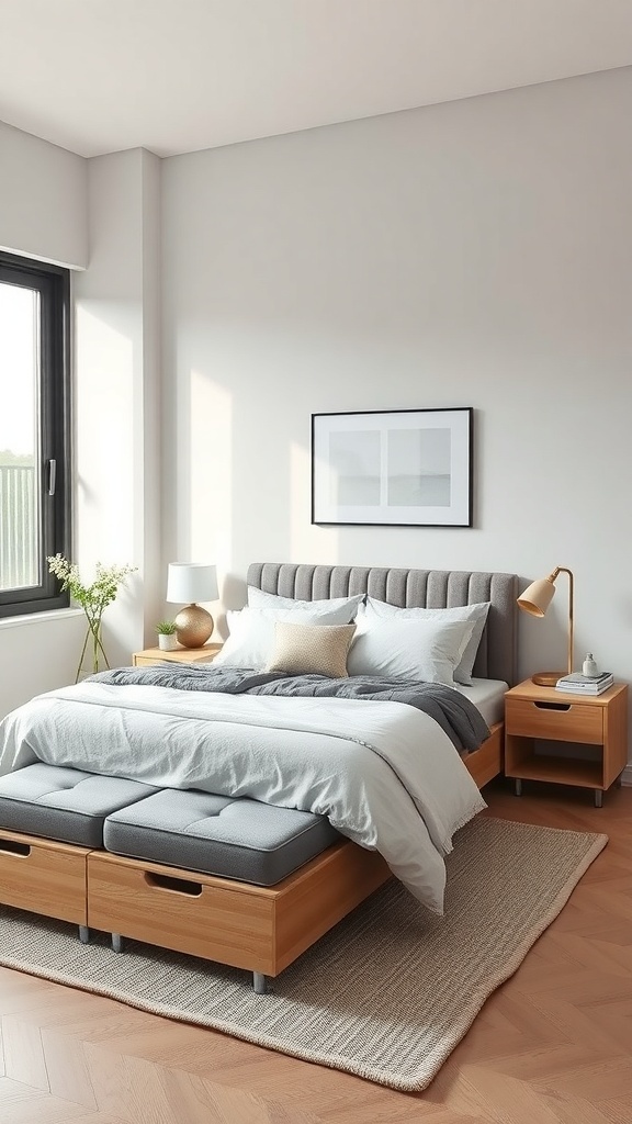 A modern minimalist bedroom featuring a bed with hidden storage drawers and a clean, serene design.