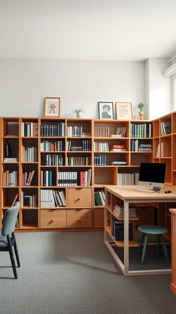 A cozy and organized study area featuring wooden shelving, a desk, and a computer.