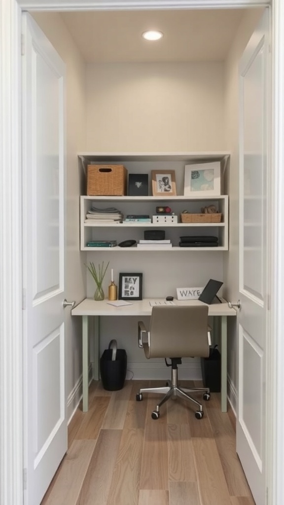 A transformed closet into a mini office with a desk, shelves, and decorative items.