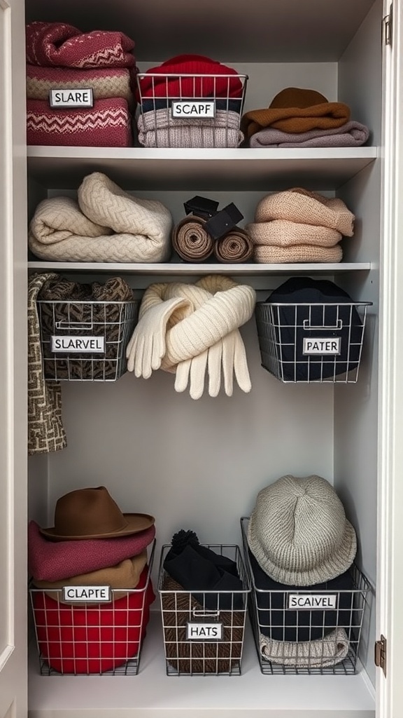 Organized closet with labeled wire baskets containing scarves, hats, and gloves.