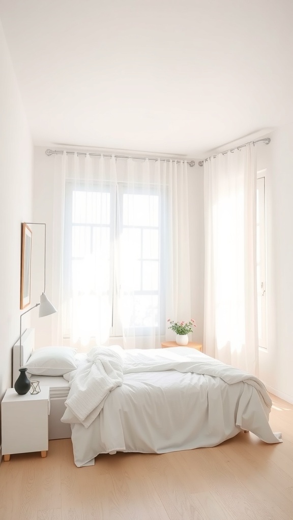A bright bedroom with Cloud White walls, light curtains, and minimalistic decor.