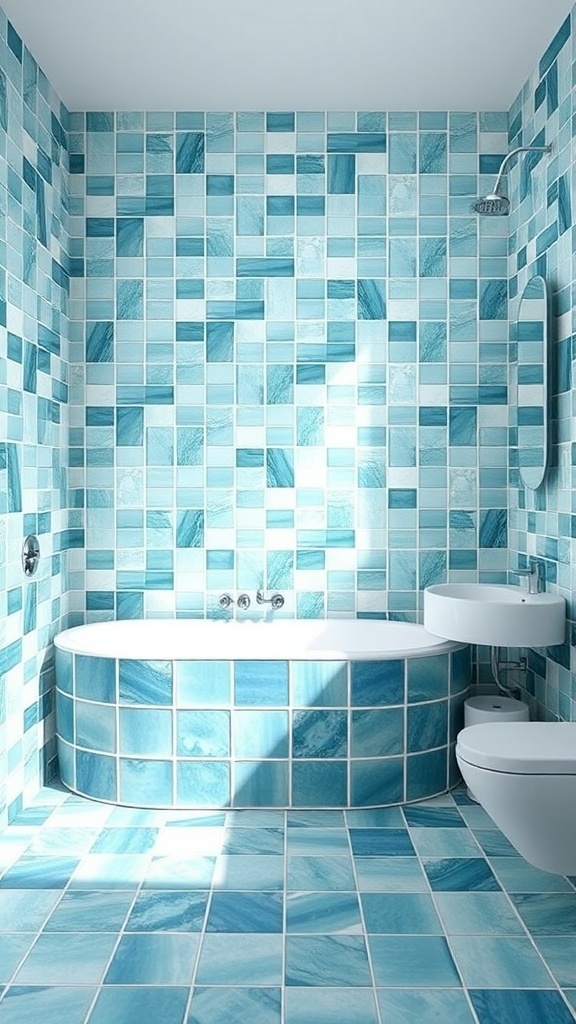 A bathroom featuring blue and green tiles, with a round bathtub and modern fixtures.