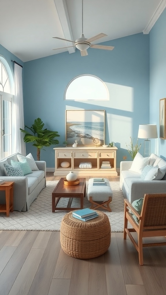 A living room featuring coastal blue walls, soft neutral furniture, and natural wood accents.