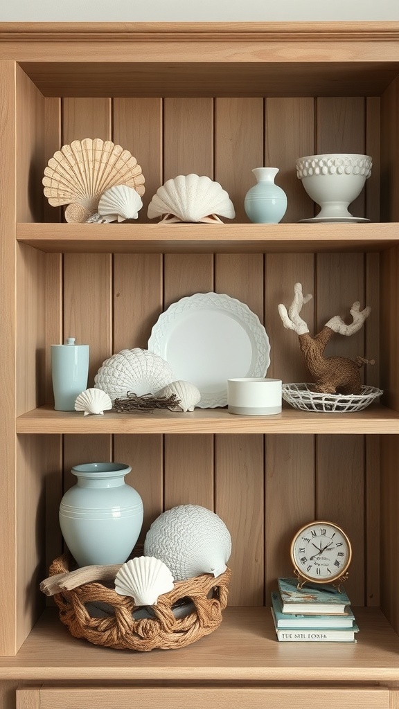 A shelf styled with coastal decor, featuring seashells, a vase, and a clock.