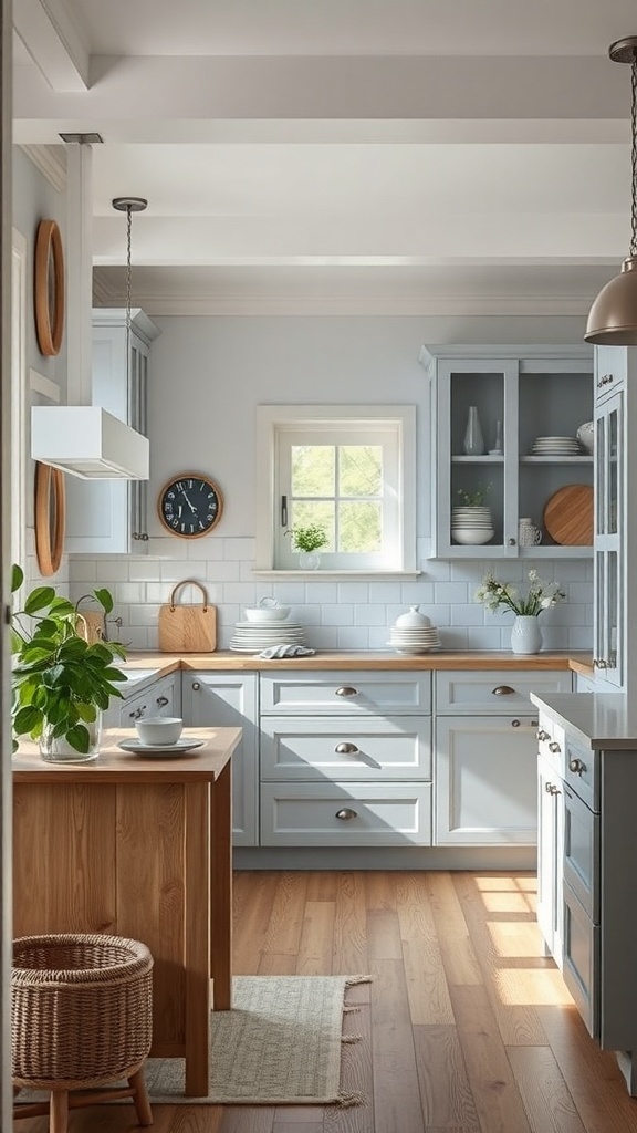 A bright kitchen featuring bleached oak cabinets, light countertops, and coastal decor.