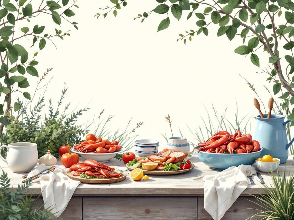 A beautifully arranged Coastal New England Clambake spread featuring lobsters, tomatoes, and lemons on a rustic table.