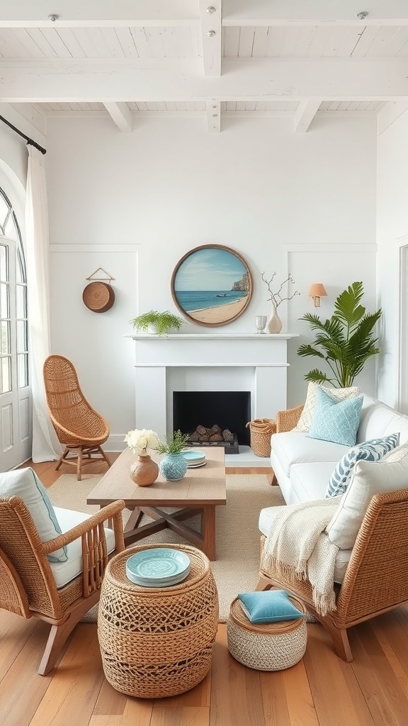 A cozy coastal living room with rattan furniture, blue accents, and natural textures.